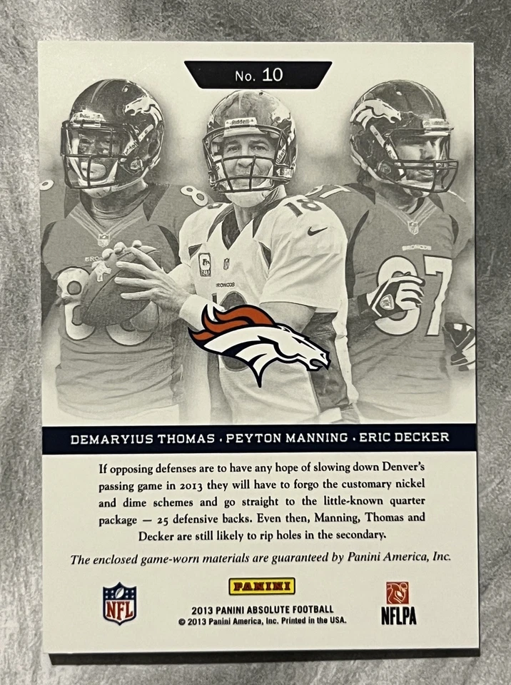 2013 ABSOLUTE MANNING / THOMAS / DECKER TEAM TRIOS RELIC BRONCOS JERSEY # 18/99 - Image 2 of 2