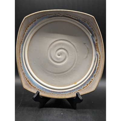 Studio Pottery Square Plate Signed CM Spiral Center Blue Brown Reactive Glaze