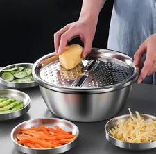 3pcs Stainless Steel Mixing Bowl & Strainer Set – Fruit & Vegetable Slicer Kit