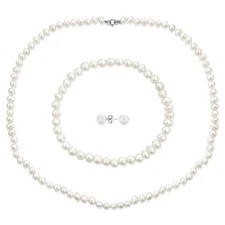 White Freshwater Pearl Necklace Bracelet & Earrings 3PCS Jewelry Set 18 Inch