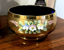 Egermann Bohemian/Czech Cobalt Blue Fruit Bowl Gold Gilded Enameled 3D Flowers