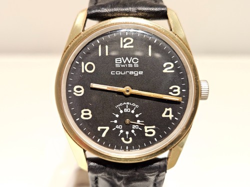 VINTAGE RARE 35mm LUXURY GOLD PLATED BLACK DIAL SWISS MEN'S WATCH "BWC" COURAGE - Picture 2 of 14