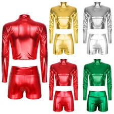 Womens Outfit Stage Crop Top With Shorts Costume 2PCS Mock Neck Shiny Rave Sexy