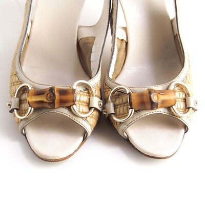 Gucci Horsebit Bamboo Slingback Sandals Heels Leather Raffia