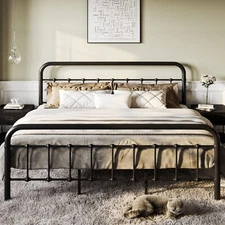 King Size Bed Frame Metal Platform Bed with Vintage Style Headboard