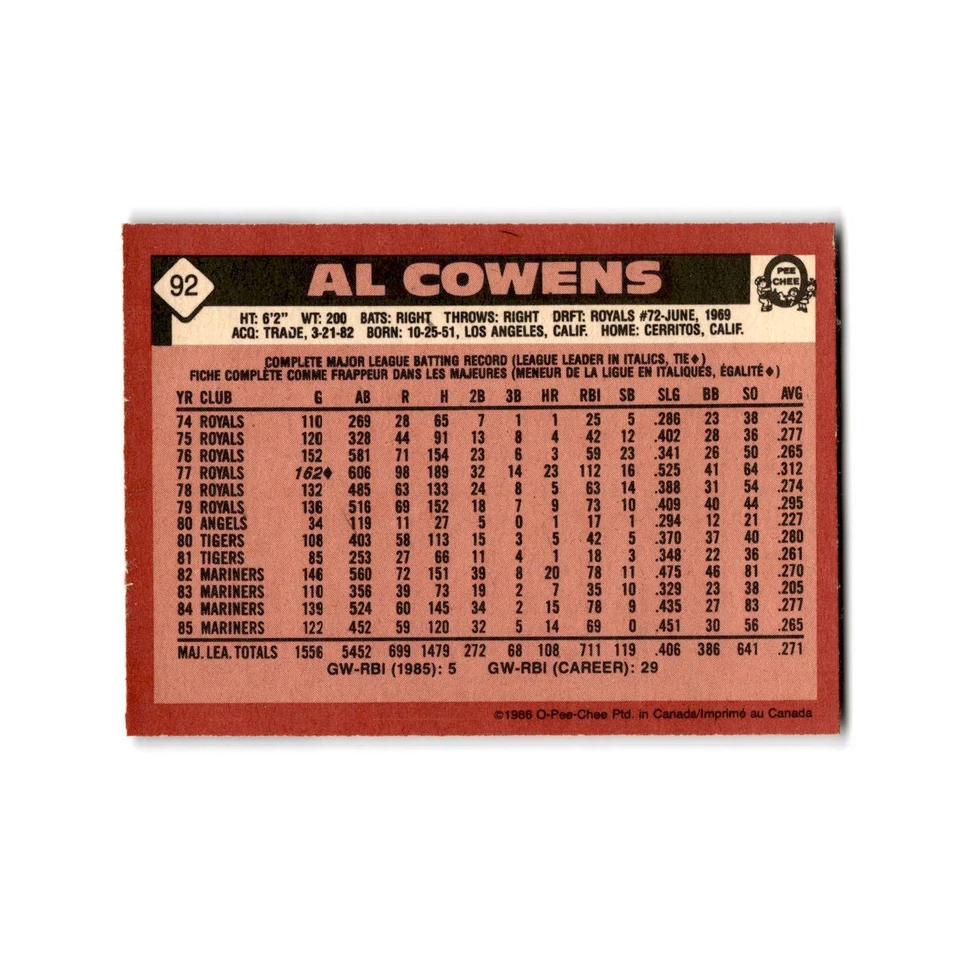 Al Cowens 1986 O-Pee-Chee #92 Seattle Mariners Baseball Card NM - Image 2 of 3