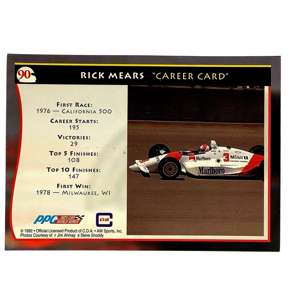 Indy Career- Rick Mears #3, Marlboro, 1992 Indy Car World Series, Card #90, NM - Image 2 of 3