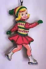 LITTLE GIRL, ICE SKATING, CUTE OUTFIT, HAT  Glitter CHRISTMAS ORNAMENT * Vtg Img