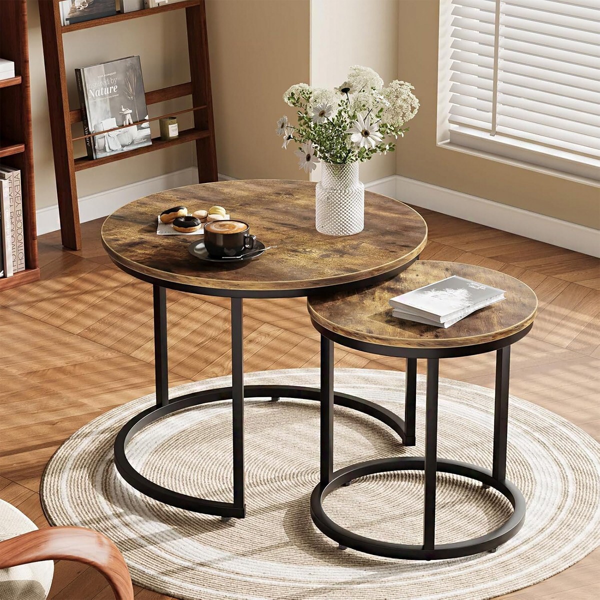 Nesting Coffee Table Set of 2 Round Rustic Wood Top 23.6