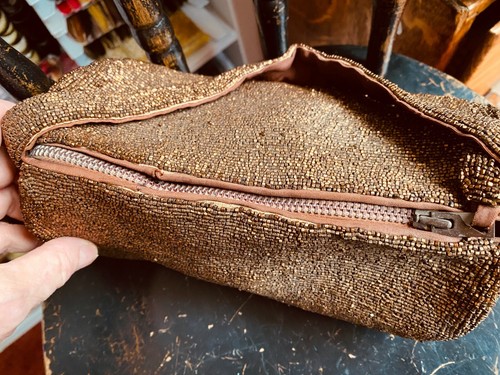 Vintage Rare 1900s Beaded Hand Sewn Handbag Copper Purse 8"Lx4"H x4" - Picture 8 of 8