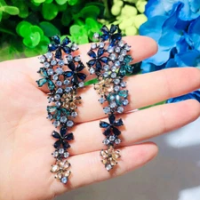 Black Gold Plated Multicolor CZ Women Long Dangle Drop Flower Cluster Earrings