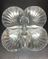 4 Section Pewter Shell & Lobster Serving Dish Nuts Chips Beach