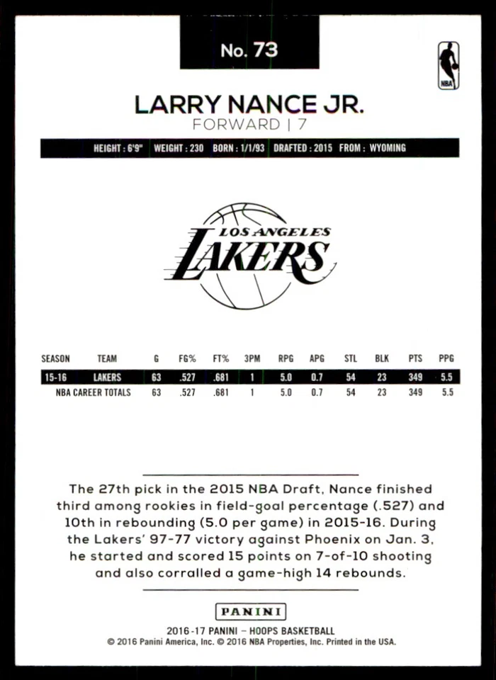 2016-17 Hoops Larry Nance Jr. Los Angeles Lakers #73 - Image 2 of 2