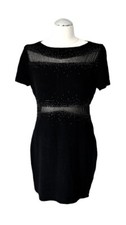 ST JOHN EVENING KNIT BLACK DRESS BOATNECK SHEER STONES CAP SLEEVES WOOL BLEND 8