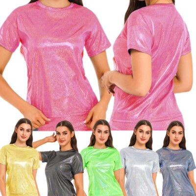 Women Shiny Tunic Tops Metallic Crop Top Short Sleeve T Shirt Disco Party Blouse
