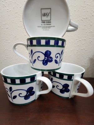 Mikasa Firenze Cups White Navy Blue Floral 4 Perfect  Drk Green 2.5  H x 3.5 