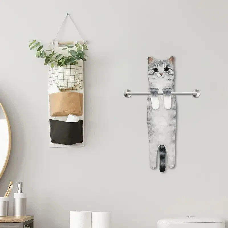 1pc kitchen hand towel gray cat soft absorbent hanging towel face towel - Image 2 of 4