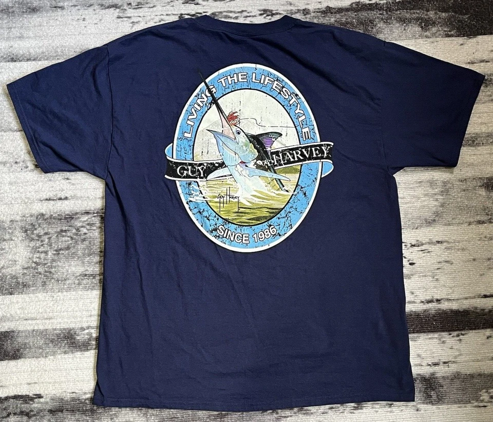 Camisa para Hombres Guy Harvey Grande Azul Viviendo el Estilo de Vida Espalda Gráfico Foto 2 de 4
