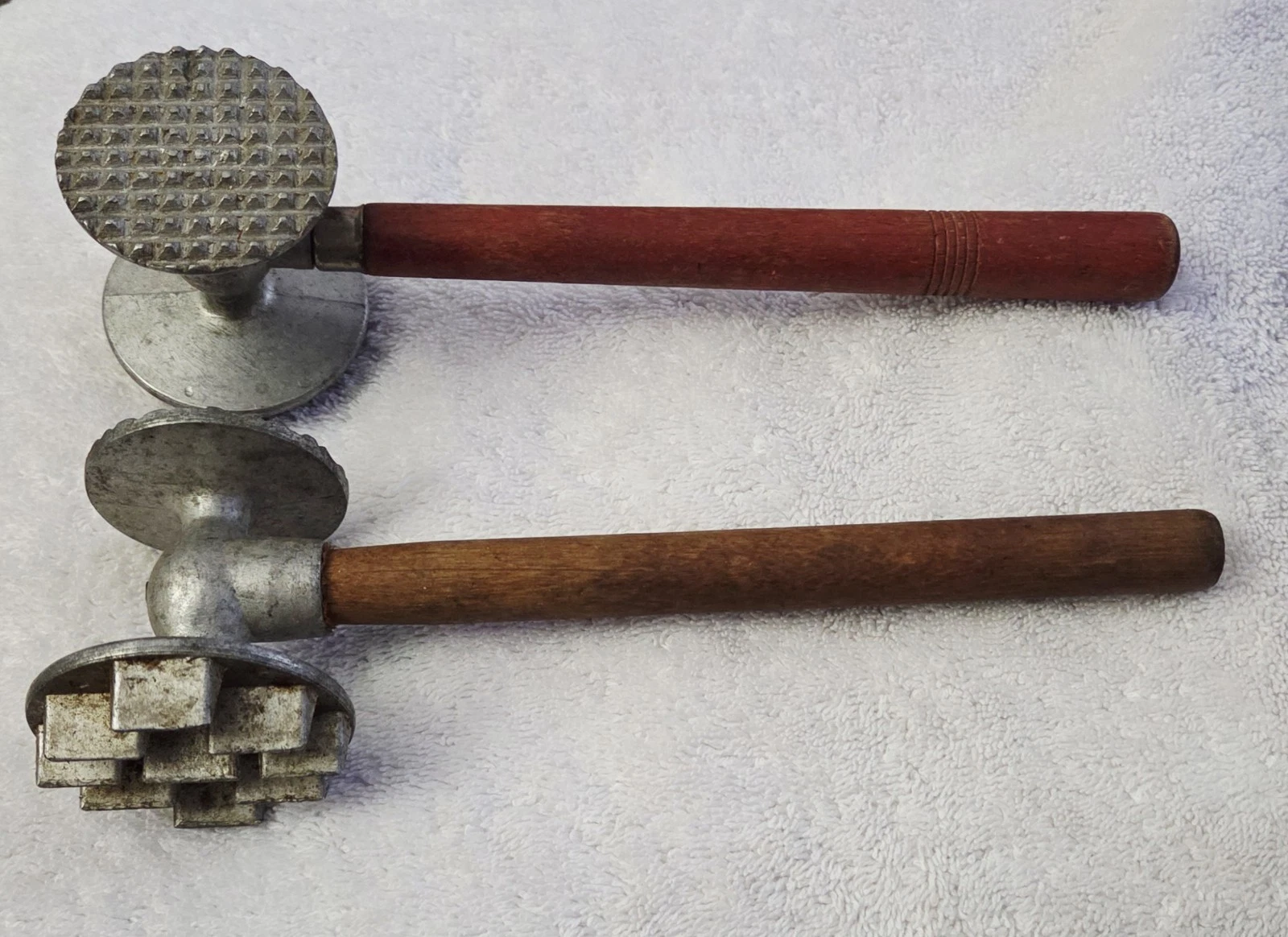 2 Vintage Meat Tenderizer Mallets Double Sided Metal Head w/Wooden Handle Lot