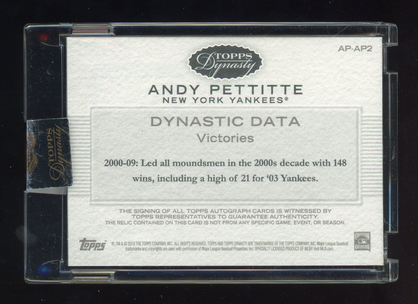 2016 Topps Dynasty Andy Pettitte Yankees MLB Logo Patch AUTO 1/1 view 2