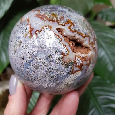 Ocean Jasper Sphere w/ Caves Orbicular and ''Mossy'' 472 grams 70mm