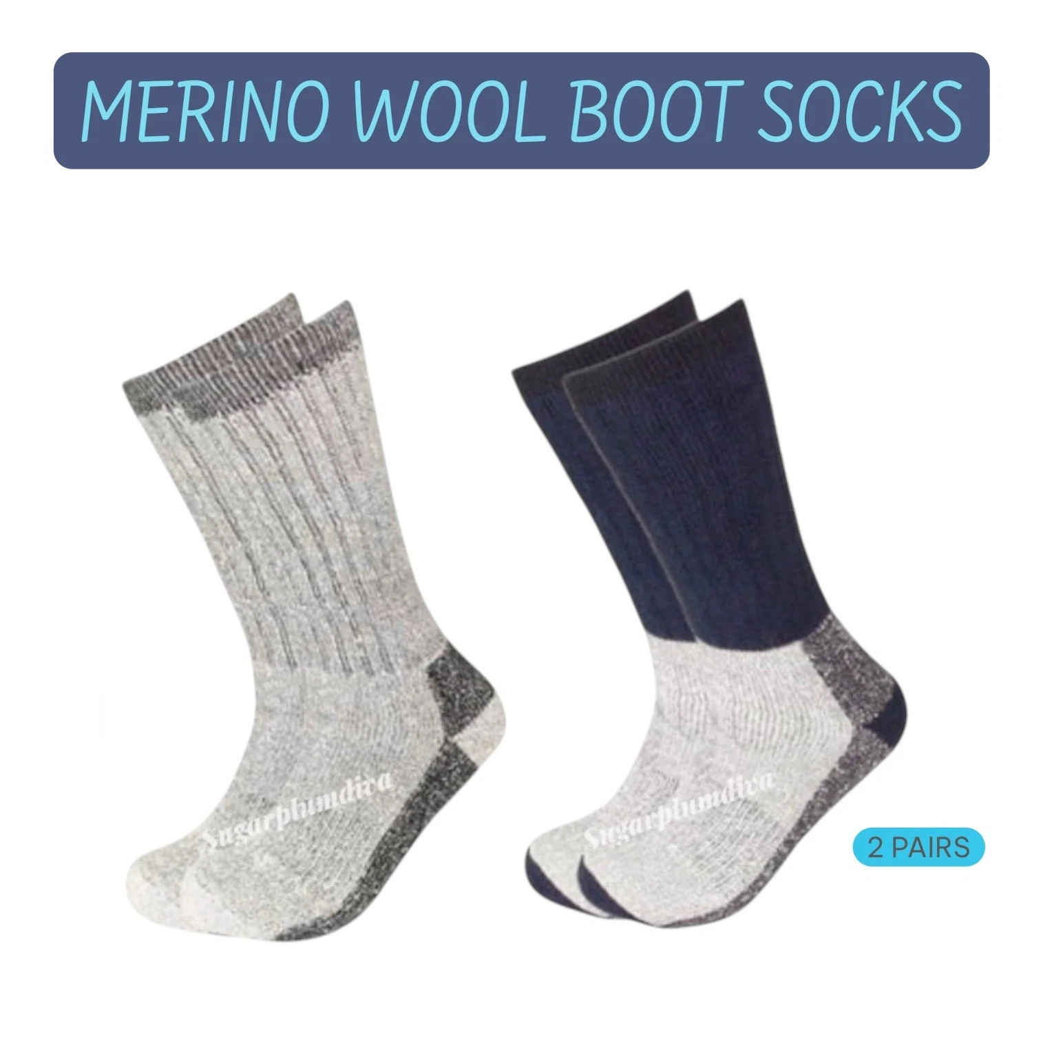 Winter Thermal Socks Merino Wool Temp Rated -25* Gray / Navy 10-13 NEW 2pk