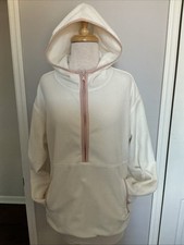 womens Nautica Sz Large cream 1/2 zip fleece hooded W pockets pink trim