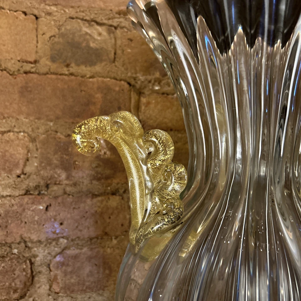 MURANO Ribbed  GLASS Lamp w/ Gold Flakes Applied Decorative Handles Italy - Image 2 of 4