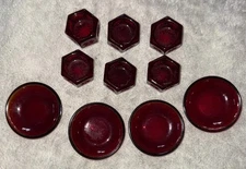 Salt Cellar Dip Hexagon Shaped Ruby Red Star Embossed Set Of 6 W 4 Mini Plates