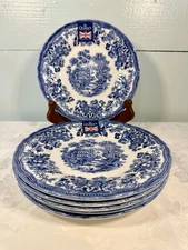 NWT Queens Churchill Blue White Tonquin Landscape 8” Salad Plates England Set/6