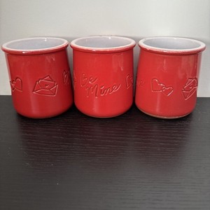 Lot Of 3 La Fermiere BE MINE Yogurt Terra Cotta Cermer Jars Pots Red VALENTINES