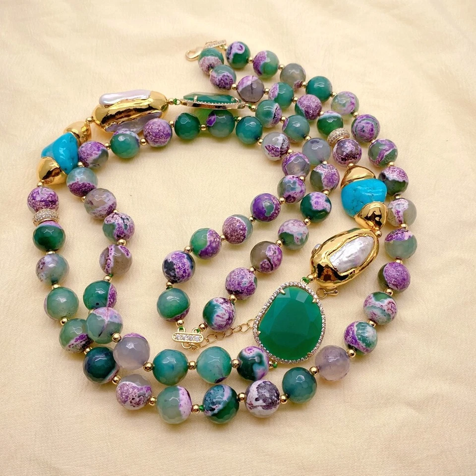 Collar MultiHebra Verde Púrpura Ágata Blanco Perla Biwa Cristal Turquesa Foto 4 de 4