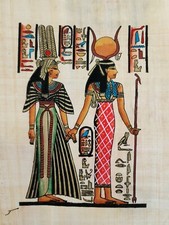 Framed Natural Wood Hathor & Queen Nefertari Papyrus Handmade Egyptian Artwork