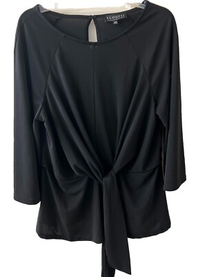 Vintage Eloquii Women Black Peplum Tunic Top Sz 14/16 Tie Waist Long Slv Classy