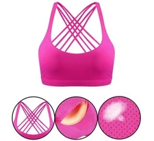 Patelai Womens Padded Sports Bra Workout Strappy Cross Back Bra, Pink, XL