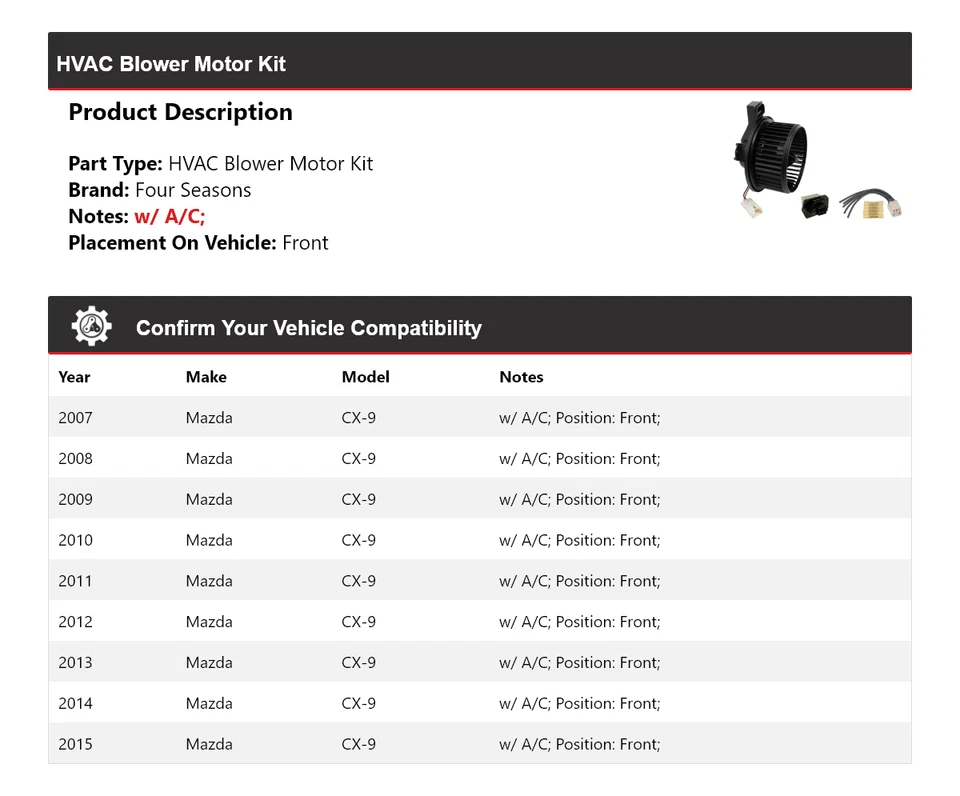 Kit de motor soplador delantero 4 estaciones 2008 2009 2010 para Mazda CX-9 2007-2015 Foto 2 de 3