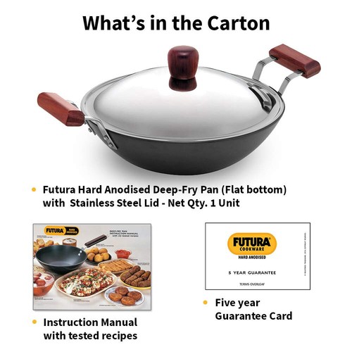 Futura Hard Anodised 5 Ltr 33 cm Wok/Kadai/Fry Pan Flat Bottom With Lid Cookware - Picture 8 of 8
