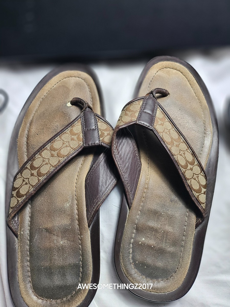 COACH Mens Sz 10.5/11 D Brown Monogram canvas thong Flip