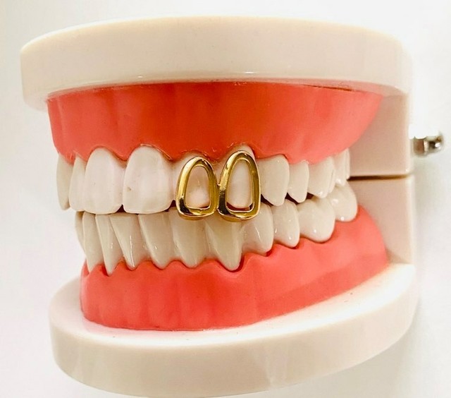 Hip Hop 14K Gold GP Upper Double Two Tooth Teeth Open Face Grillz Top