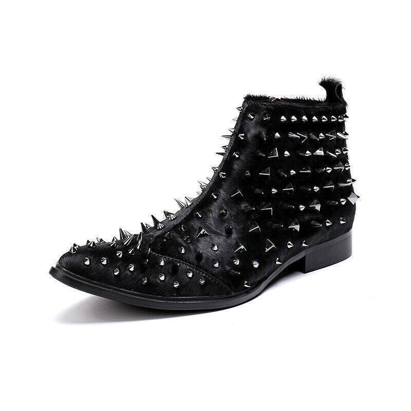 Men's Punk Studded Ankle Boots Side Zip Pointed Toe Casual Shoes