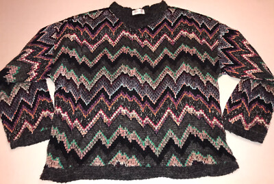 Vtg 90s Y2K Allen Wah Chevron Wool Chenille Blend Lined Knit Crew Sweater Sz XL