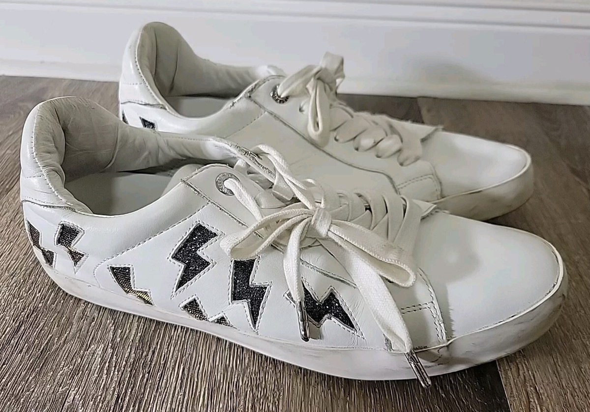 【美品】ZADIG & VOLTAIRE スニーカー ホワイト ブラック 38 Zadig & Voltaire Lightning Bolt Leather Athletic Shoes Sneakers