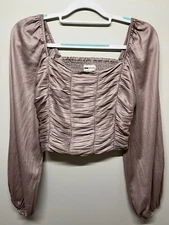 Cropped Blouse (S) By Nova Vintage Has Square Neck, Long Sleeves & Ruched Bodice