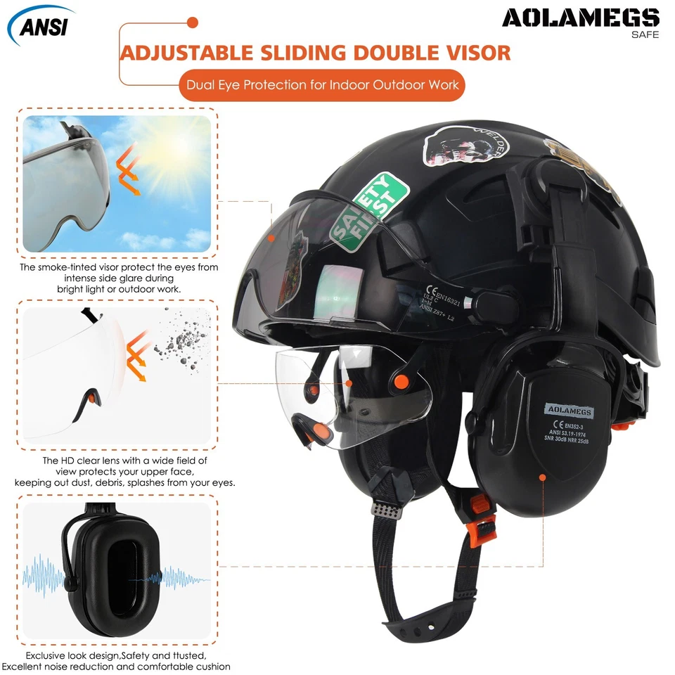 Juego de casco de seguridad de construcción ABS ingeniero casco con gafas dobles ANSI CE Foto 3 de 4