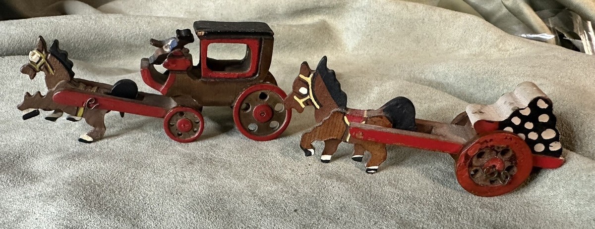 2 Vintage carved wood miniature horse buggy rider toy