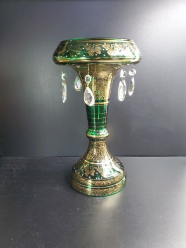 Czech Bohemian Candelabra Emerald Green and Gold Luster Art Glass Mantle - Picture 1 of 12