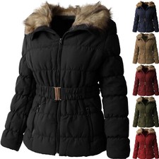 Womens Padding Jacket Fur Lined Coat Quilted Insulated Puffer Winter Parka Belt