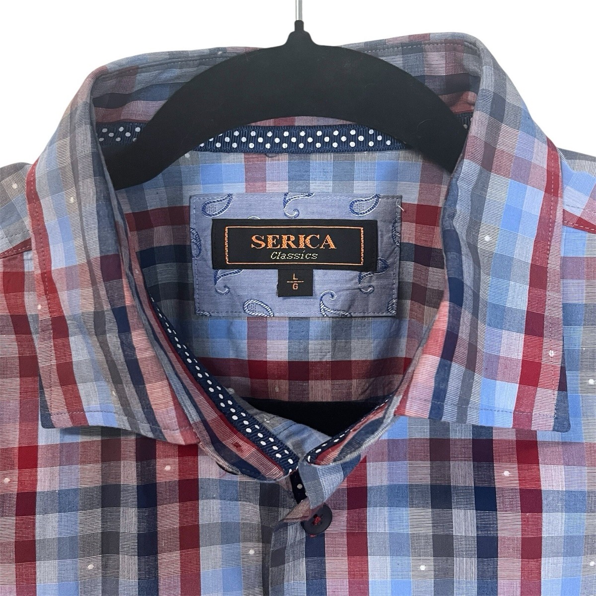 Serica Classics Red Blue Gingham Shirt Paisley Cuff Accent Patriotic Men's Large