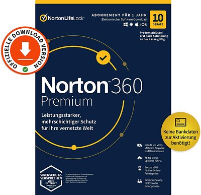 NORTON 360 Premium - 10 Geräte / 1 Jahr 75GB KEIN ABO Download 2026-2027