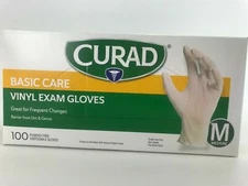 Curad Basic Care Vinyl Exam Gloves Medium Size, 1 Box for 100 Gloves.